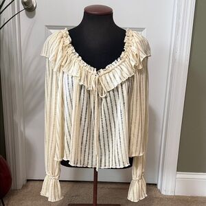 Anthropologie Cream Striped Ruffled Blouse